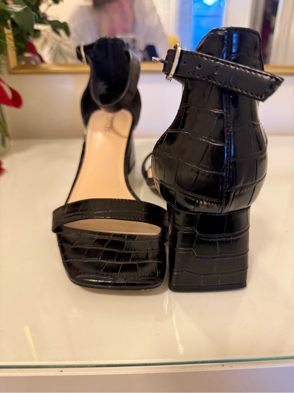 Women’s Black Croc-Embossed Block Heel Sandals